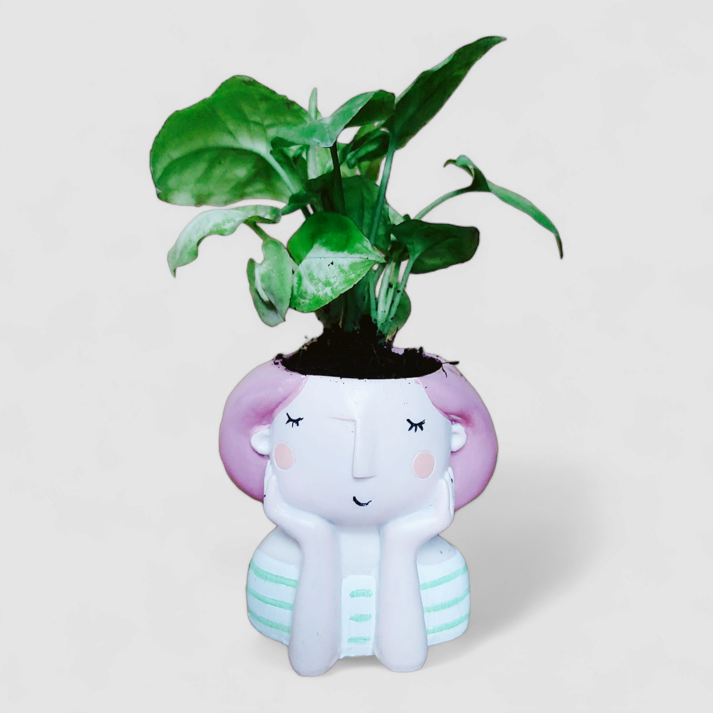 Cute Female Resin Doll Planter with Green Syngonium Plant - ONPD001