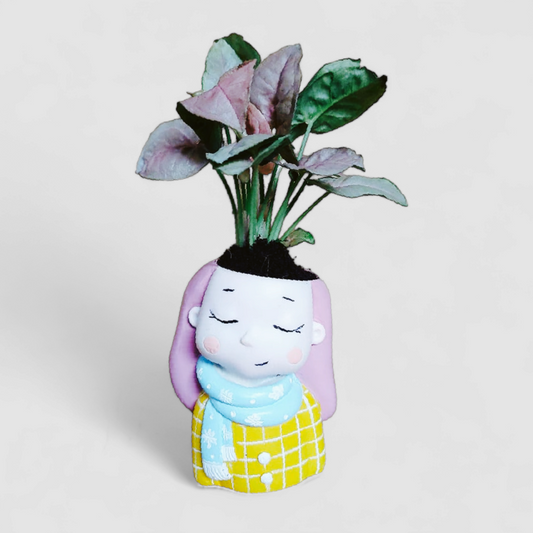 Cute Female Resin Doll Planter with Pink Syngonium Plant - ONPD003
