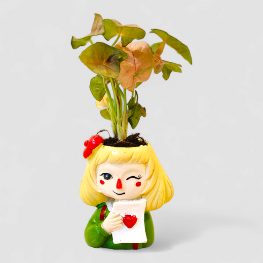 Cute Female Resin Doll Planter with Pink Syngonium Plant - ONPD002