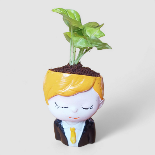 Cute Male Resin Doll Planter with Green Syngonium Plant - ONPD004