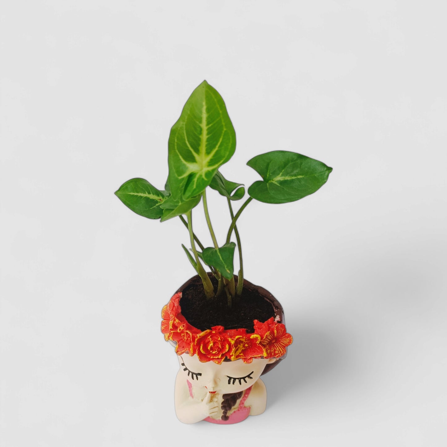 Cute Female Finger on Your Lips Resin Doll Planter with Green Syngonium Plant - ONPD011